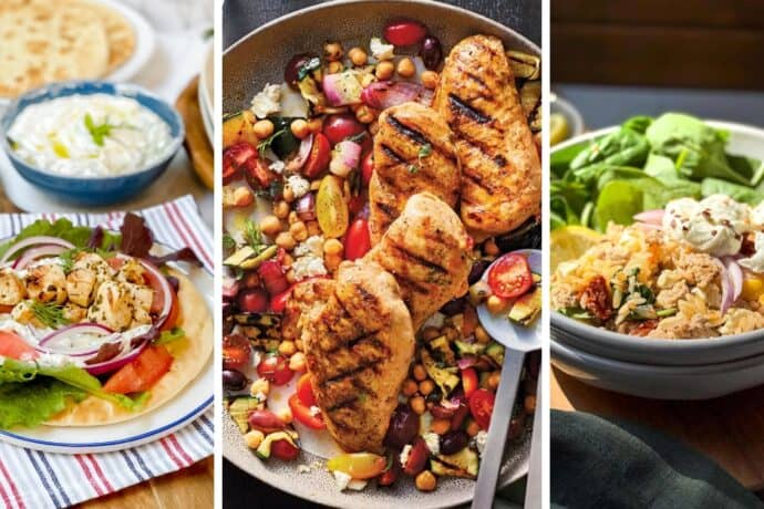 Enjoy July 20 Minute Dinners with three Mediterranean dishes: a chicken souvlaki pita with veggies, a skillet of grilled chicken breasts on mixed vegetables and chickpeas, and a bowl of rice salad with spinach and creamy dressing.