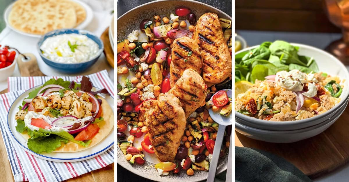 Enjoy July 20 Minute Dinners with three Mediterranean dishes: a chicken souvlaki pita with veggies, a skillet of grilled chicken breasts on mixed vegetables and chickpeas, and a bowl of rice salad with spinach and creamy dressing.