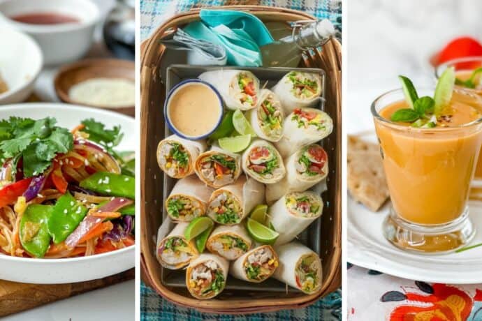 A collage of three no cook recipes: colorful vegetable salad in a white bowl, a basket of fresh spring rolls with dipping sauce and lime wedges, and two glasses of orange soup garnished with greens.