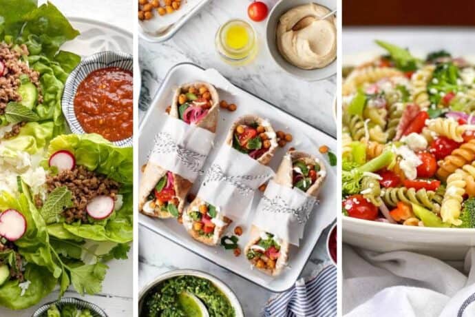 Three images show: leafy lettuce wraps with ground meat and radishes; pita pockets filled with colorful veggies and chickpeas, wrapped in paper—perfect for picnic dinners; and a vibrant pasta salad with tri-color rotini and mixed vegetables.