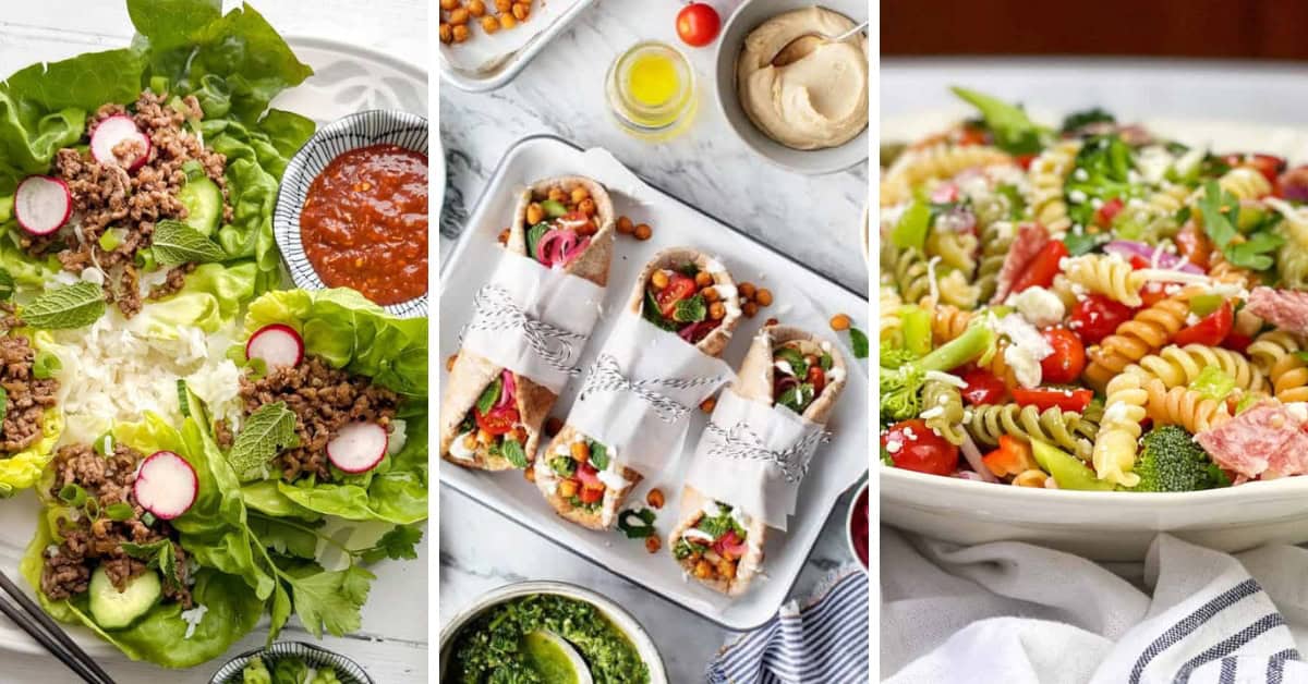 Three images show: leafy lettuce wraps with ground meat and radishes; pita pockets filled with colorful veggies and chickpeas, wrapped in paper—perfect for picnic dinners; and a vibrant pasta salad with tri-color rotini and mixed vegetables.
