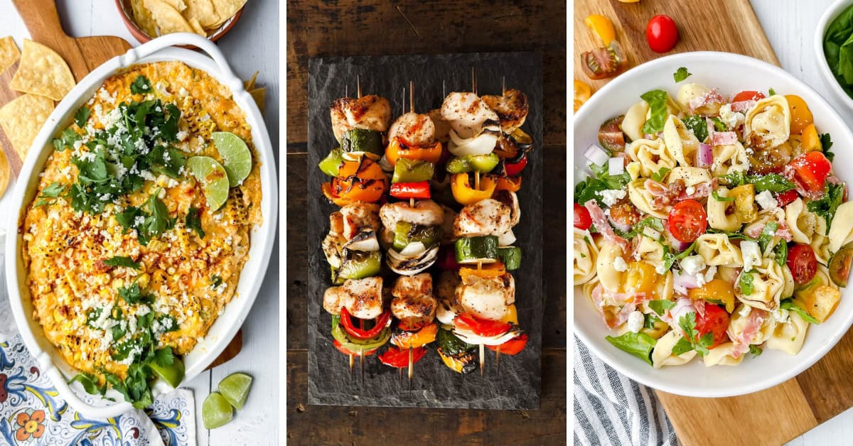 Three delicious summer potluck recipes: a cheesy Mexican dip with chips and lime, grilled chicken and vegetable skewers on a dark board, and a colorful tortellini pasta salad with cherry tomatoes, red onions, spinach, and herbs.