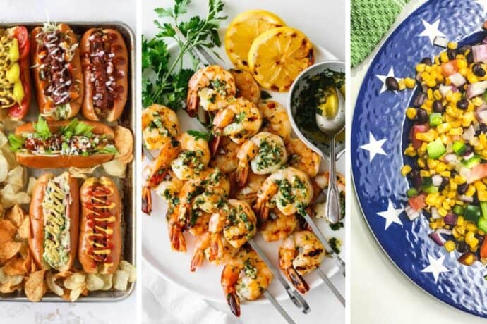 Three images: Easy 4th of July Recipes like assorted gourmet hot dogs with chips, grilled shrimp skewers with lemon and herbs, and a colorful corn salad with vegetables served on a blue plate with white stars.