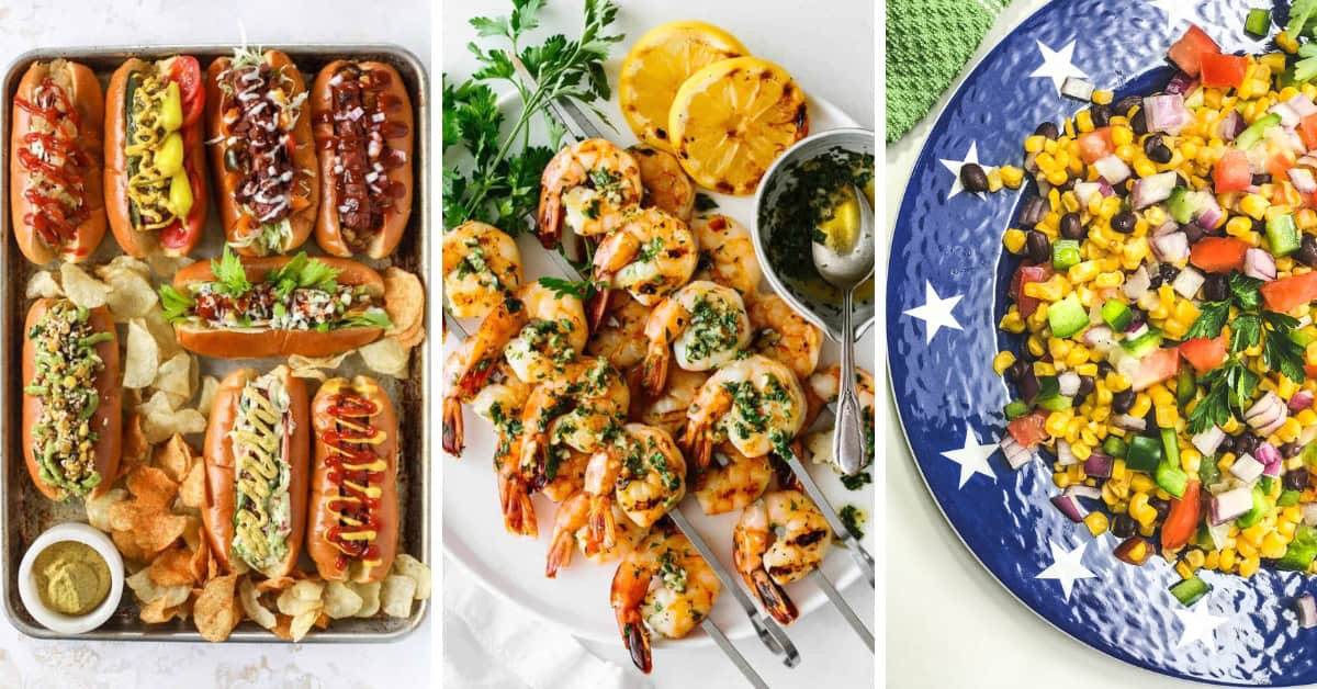 Three images: Easy 4th of July Recipes like assorted gourmet hot dogs with chips, grilled shrimp skewers with lemon and herbs, and a colorful corn salad with vegetables served on a blue plate with white stars.