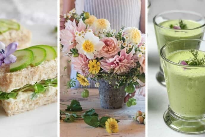 Three images side by side: cucumber tea sandwiches garnished with edible flowers, a bouquet of pastel blooms in a rustic vase, and two glasses of green soup or smoothie with dill—perfect touches for a summer afternoon tea.