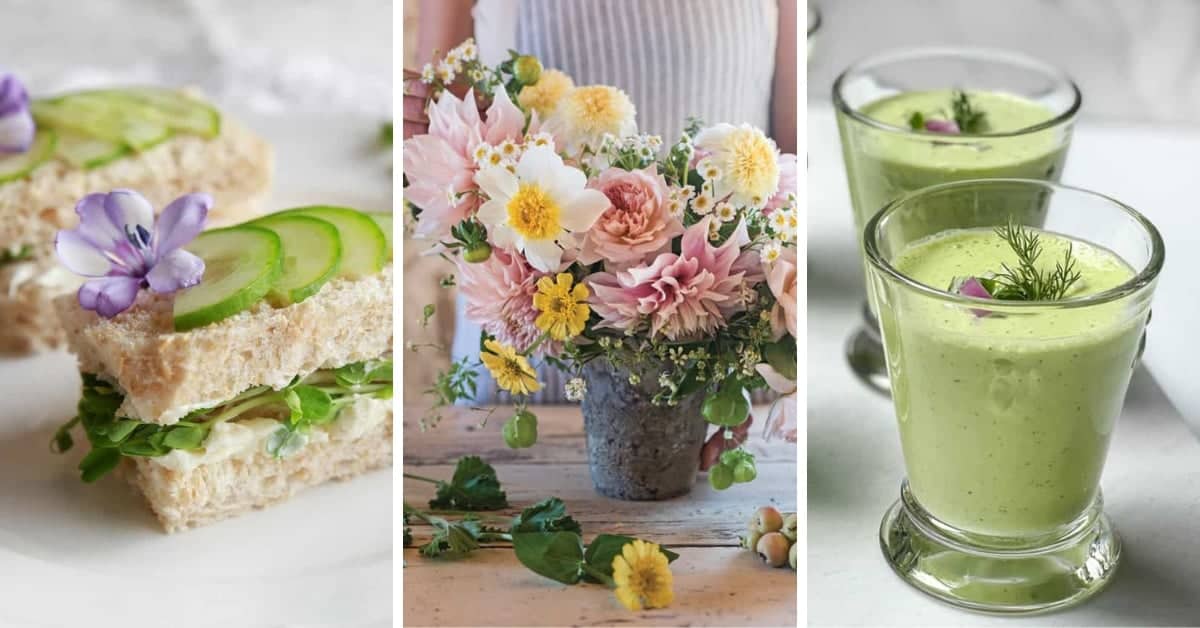 Three images side by side: cucumber tea sandwiches garnished with edible flowers, a bouquet of pastel blooms in a rustic vase, and two glasses of green soup or smoothie with dill—perfect touches for a summer afternoon tea.
