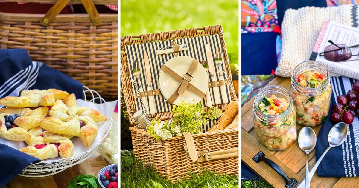 A collage of summer picnic recipes including pinwheel desserts, salads, breads, and entrees.