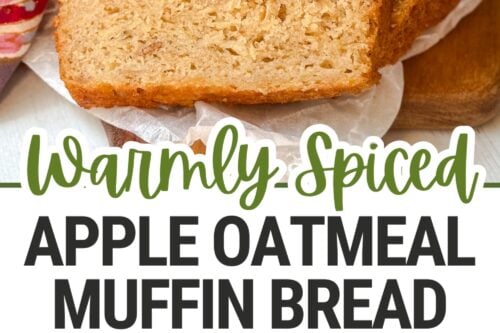 Sliced apple oatmeal bread on a plate, surrounded by whole apples, with text reading "Warmly Spiced Apple Oatmeal Muffin Bread.