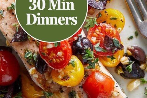 A plate with baked salmon topped with cherry tomatoes, olives, and herbs highlights "August Healthy 30 Minute Dinners" and "Healthy Weekly Dinners" from 31Daily.com.