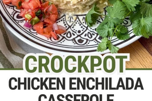 A plate of crock pot chicken enchilada casserole topped with tomatoes, jalapeños, cheese, and cilantro sits beside a crockpot filled with the savory casserole, both garnished generously with fresh cilantro.