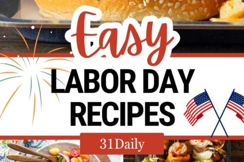 A collage featuring a cheeseburger, salad, skewers, layered dessert, grilled corn, and the phrase "Easy Labor Day Recipes" with small American flag illustrations captures festive flavors for your celebration.