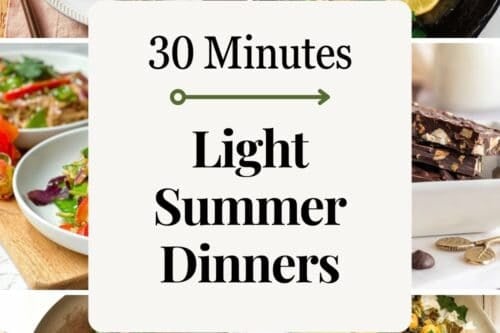 A collage of six colorful plates of light summer dinners, perfect for picnic dinners, surrounds text that reads: "30 Minutes Light Summer Dinners." Top banner says "Free Weeknight Meal Plan." Bottom text: "31Daily.com.