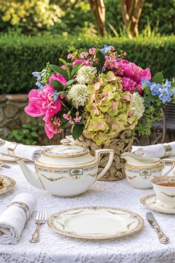 A lace-covered table set for tea with floral china, a teapot, cups, a tiered tray for a September afternoon tea.