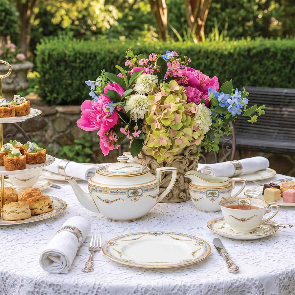 A lace-covered table set for tea with floral china, a teapot, cups, a tiered tray for a September afternoon tea.