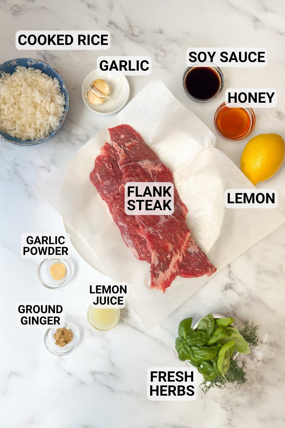 Raw flank steak on paper surrounded by bowls of cooked rice, soy sauce, honey, garlic, ground ginger, lemon juice, and fresh herbs.