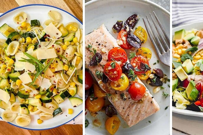 Three plates of August Healthy 30 Minute Dinners: pasta salad with zucchini and corn, a salmon fillet with cherry tomatoes and olives, and a salad featuring avocado, corn, cherry tomatoes, and onions.