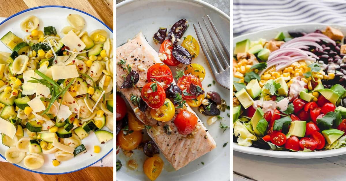 Three plates of August Healthy 30 Minute Dinners: pasta salad with zucchini and corn, a salmon fillet with cherry tomatoes and olives, and a salad featuring avocado, corn, cherry tomatoes, and onions.