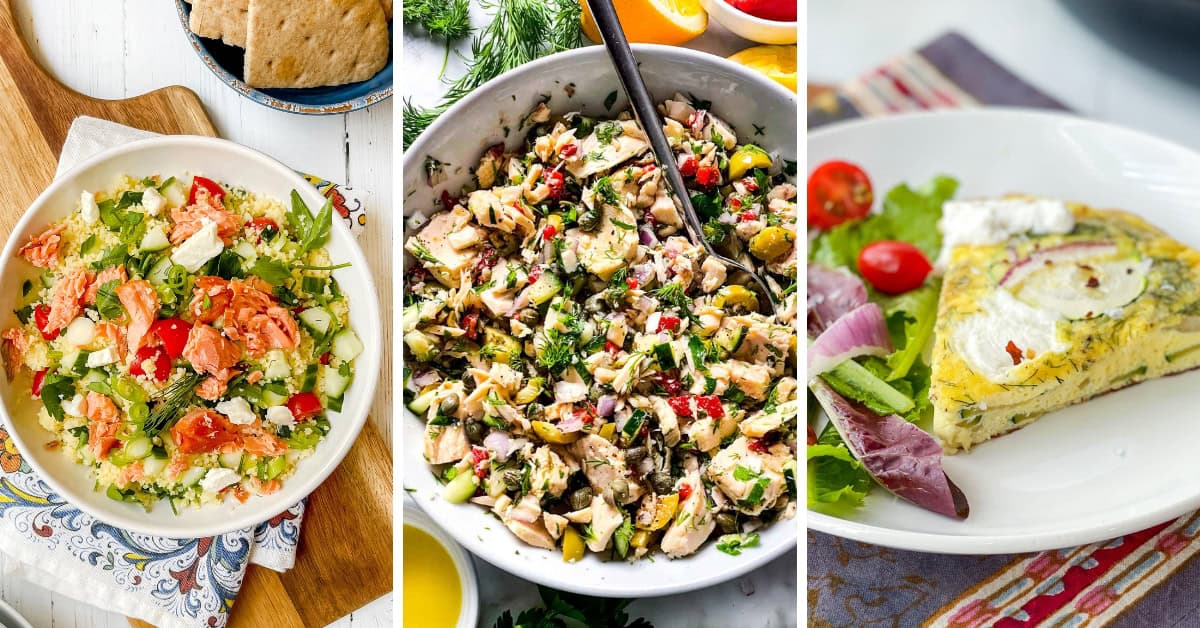 Enjoy three Mediterranean dishes perfect for Spring Sheet Pan Dinners in 30 Minutes: a Greek salad with feta, a mixed salad with chicken and olives, and a vegetable frittata with goat cheese, served with fresh greens and cherry tomatoes.
