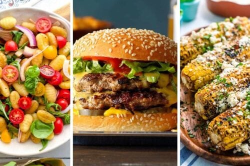 A plate of gnocchi salad with tomatoes and basil, a cheeseburger with lettuce and tomato, and grilled corn on the cob topped with cheese and herbs make perfect Easy Labor Day Recipes.