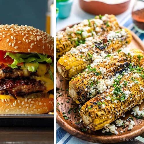 A plate of gnocchi salad with tomatoes and basil, a cheeseburger with lettuce and tomato, and grilled corn on the cob topped with cheese and herbs make perfect Easy Labor Day Recipes.