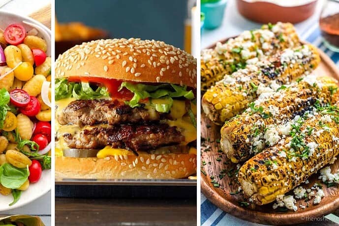 A plate of gnocchi salad with tomatoes and basil, a cheeseburger with lettuce and tomato, and grilled corn on the cob topped with cheese and herbs make perfect Easy Labor Day Recipes.