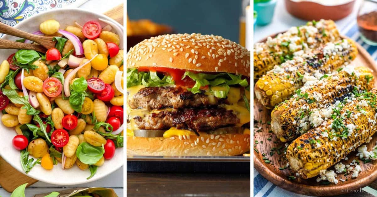 A plate of gnocchi salad with tomatoes and basil, a cheeseburger with lettuce and tomato, and grilled corn on the cob topped with cheese and herbs make perfect Easy Labor Day Recipes.