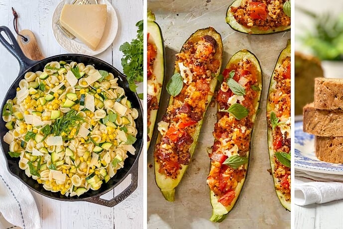 Three images: a skillet of pasta with corn and herbs, baked stuffed zucchini halves with tomatoes and cheese, and a stack of zucchini bread slices—delicious inspiration for easy zucchini recipes.