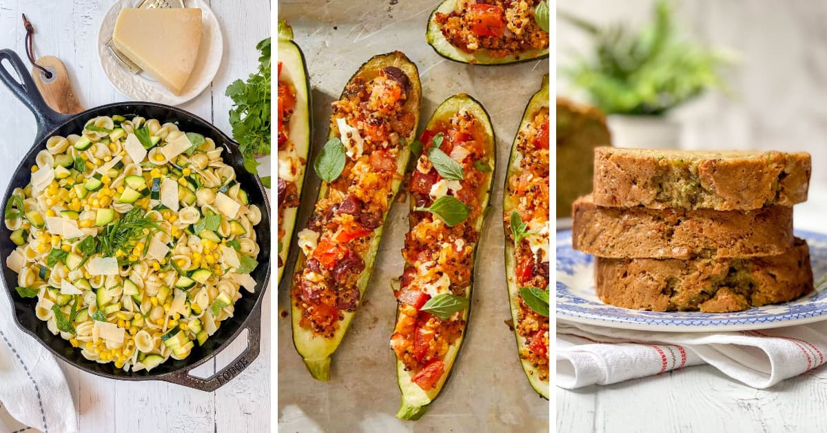 Three images: a skillet of pasta with corn and herbs, baked stuffed zucchini halves with tomatoes and cheese, and a stack of zucchini bread slices—delicious inspiration for easy zucchini recipes.