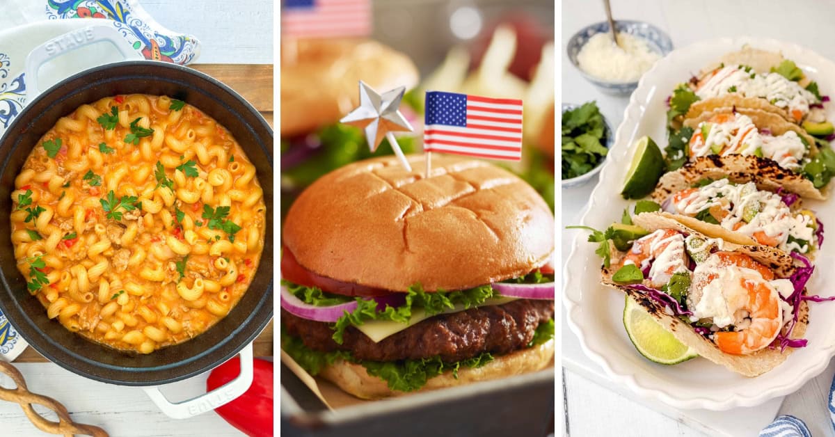 A pot of macaroni, a cheeseburger with an American flag toothpick, and a plate of shrimp tacos with lime wedges are shown side by side—perfect for family friendly 30 minute dinners.