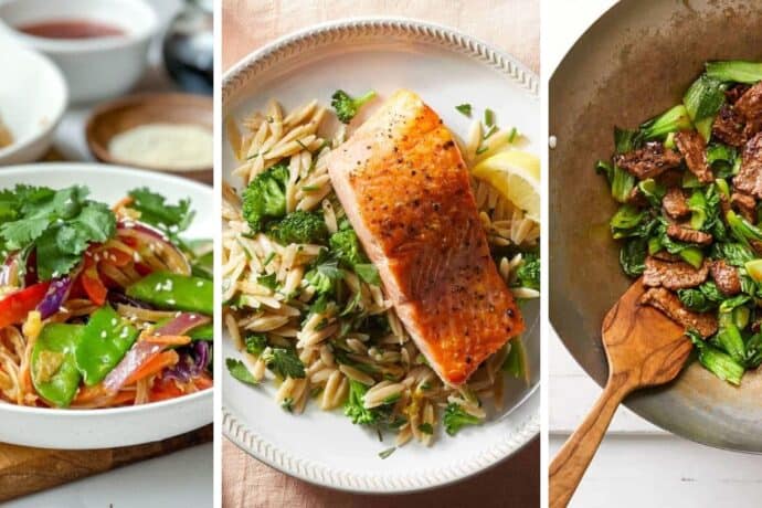 Three dishes side by side, perfect for picnic dinners: a vegetable stir-fry with colorful peppers and snap peas, salmon on orzo with broccoli, and a wok of beef and bok choy stir-fry.