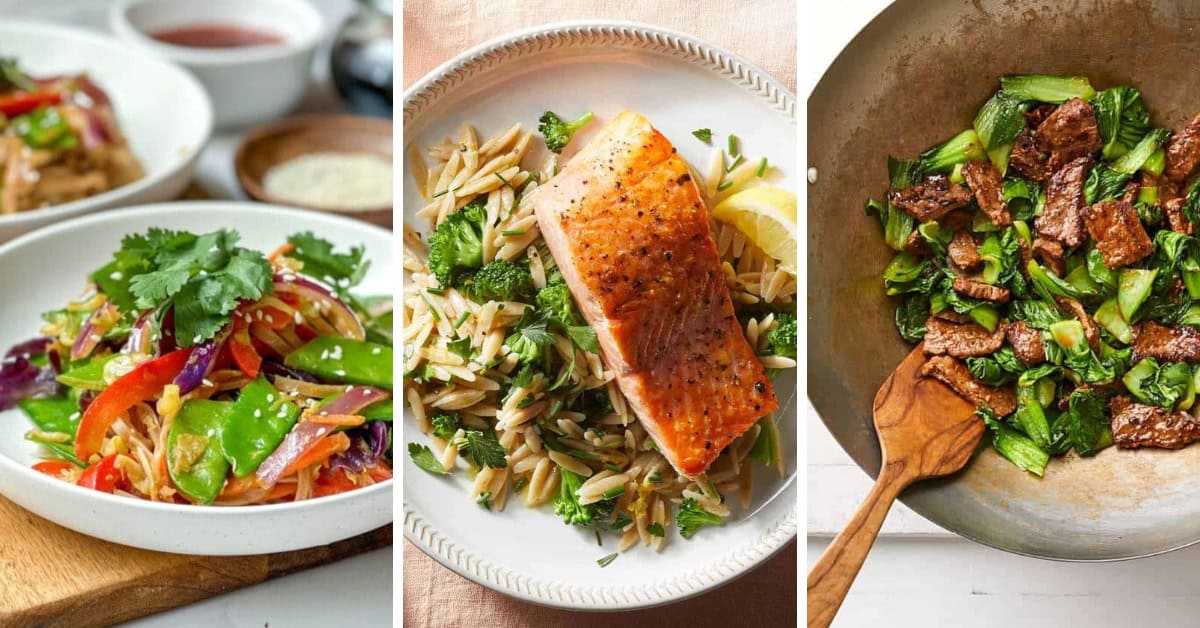 Three dishes side by side, perfect for picnic dinners: a vegetable stir-fry with colorful peppers and snap peas, salmon on orzo with broccoli, and a wok of beef and bok choy stir-fry.