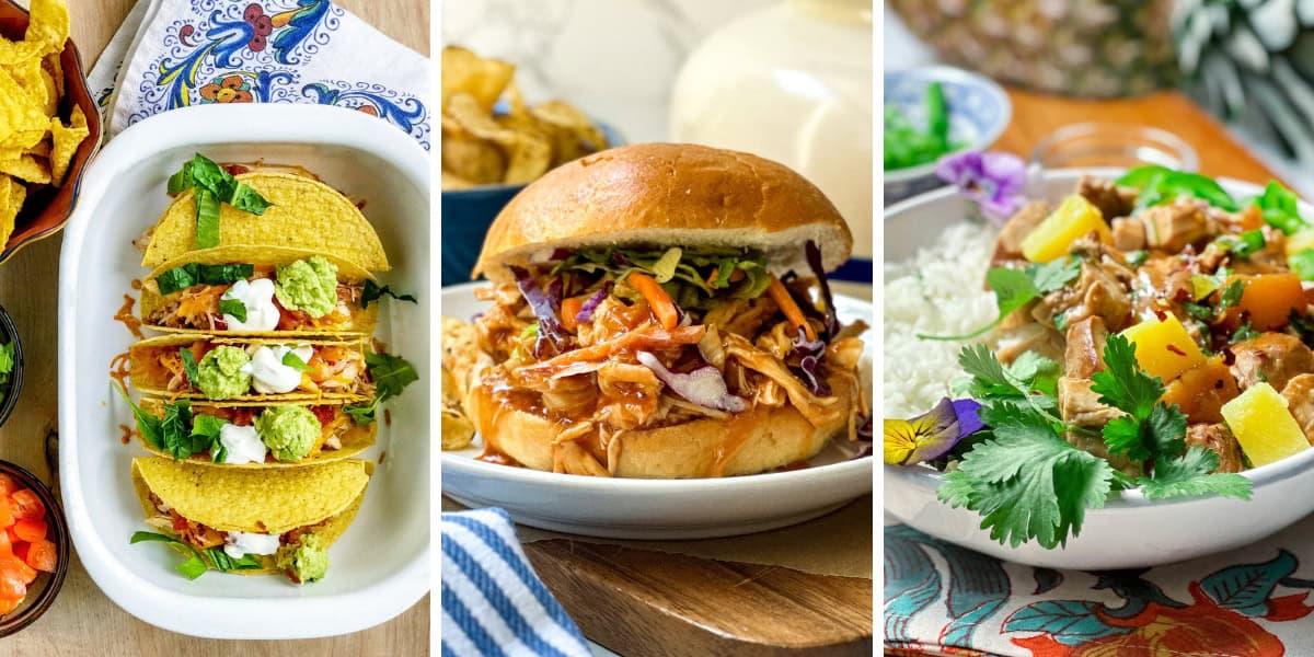 Three-panel image showing Back to School Dinner Recipes: tacos with guacamole and sour cream, a pulled chicken sandwich with slaw, and a rice bowl with chicken, pineapple, and cilantro.