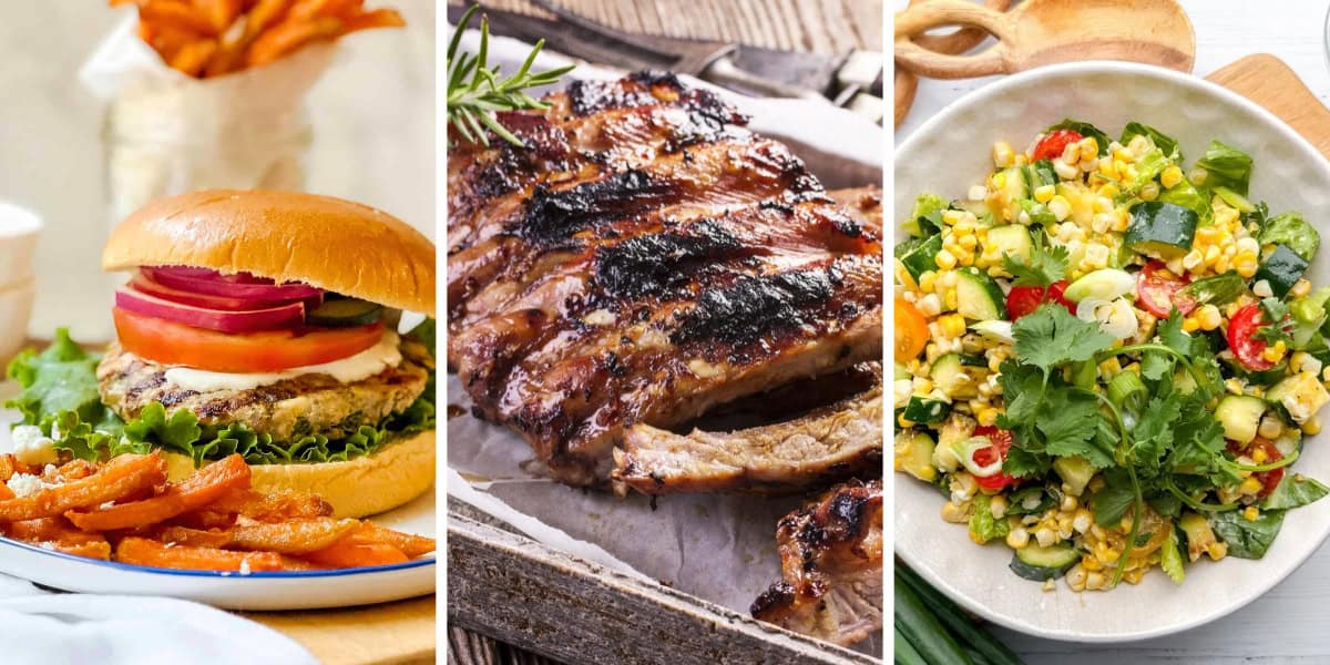 Three image collage of grilled burger, baby back ribs, and a grilled corn salad for an end of summer cookout.