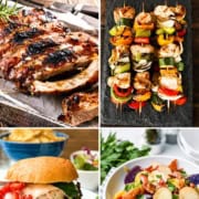 Collage of grilled ribs, chicken skewers, burgers, and potato salad with text "Easy Labor Day Recipes for Your End-of-Summer Weekend."