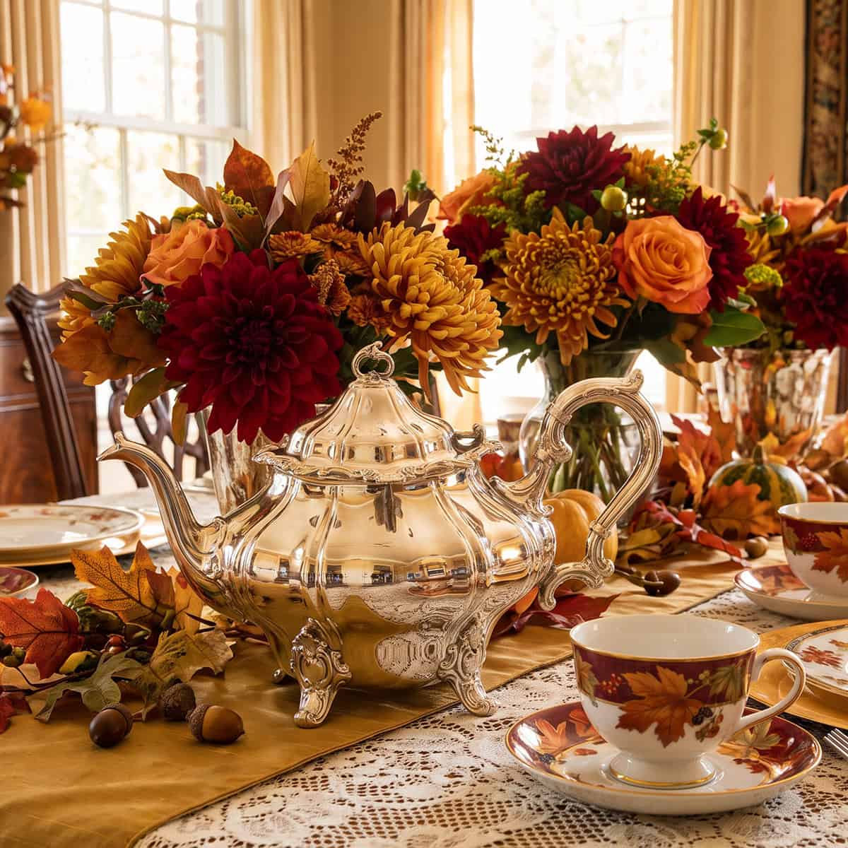 An autumn afternoon tea setting with silver teapots and fall-inspired teacups and serveware.