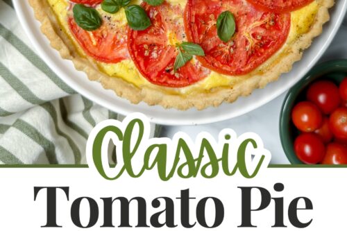 Top image shows a baked tomato basil pie garnished with fresh basil leaves. Bottom image displays a single slice of the pie on a white plate with a gold fork. Text reads: "Classic Tomato Pie.