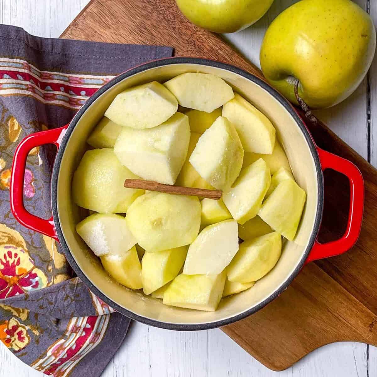 Chopped apples in a large pot with a cinnamon stick and sugar.