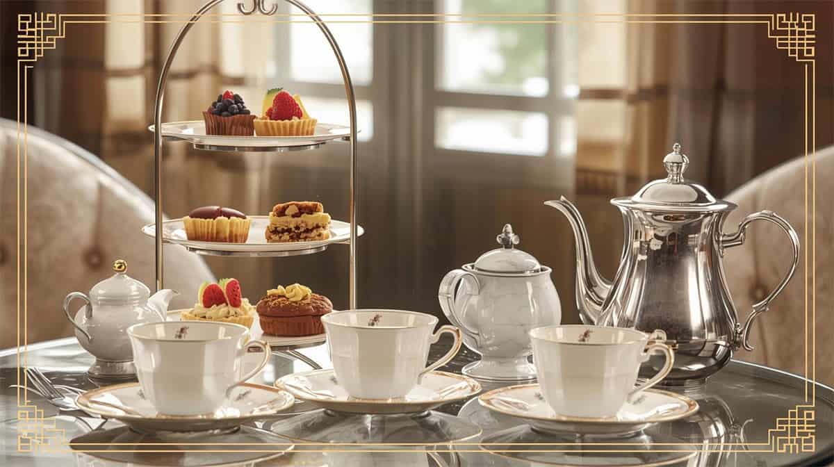 A tiered tray with assorted pastries, three teacups with saucers, a teapot, a sugar bowl, and a creamer are arranged on a glass table in a well-lit room.