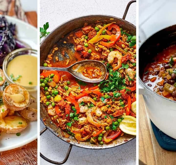 Three image collage featuring one pot dinners for October including chili, paella, and German sausages.