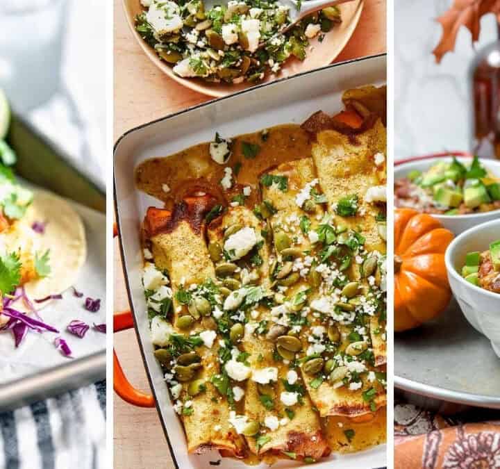 Three image collage of fall inspired enchiladas, pumpkin chilli, and fish tacos.