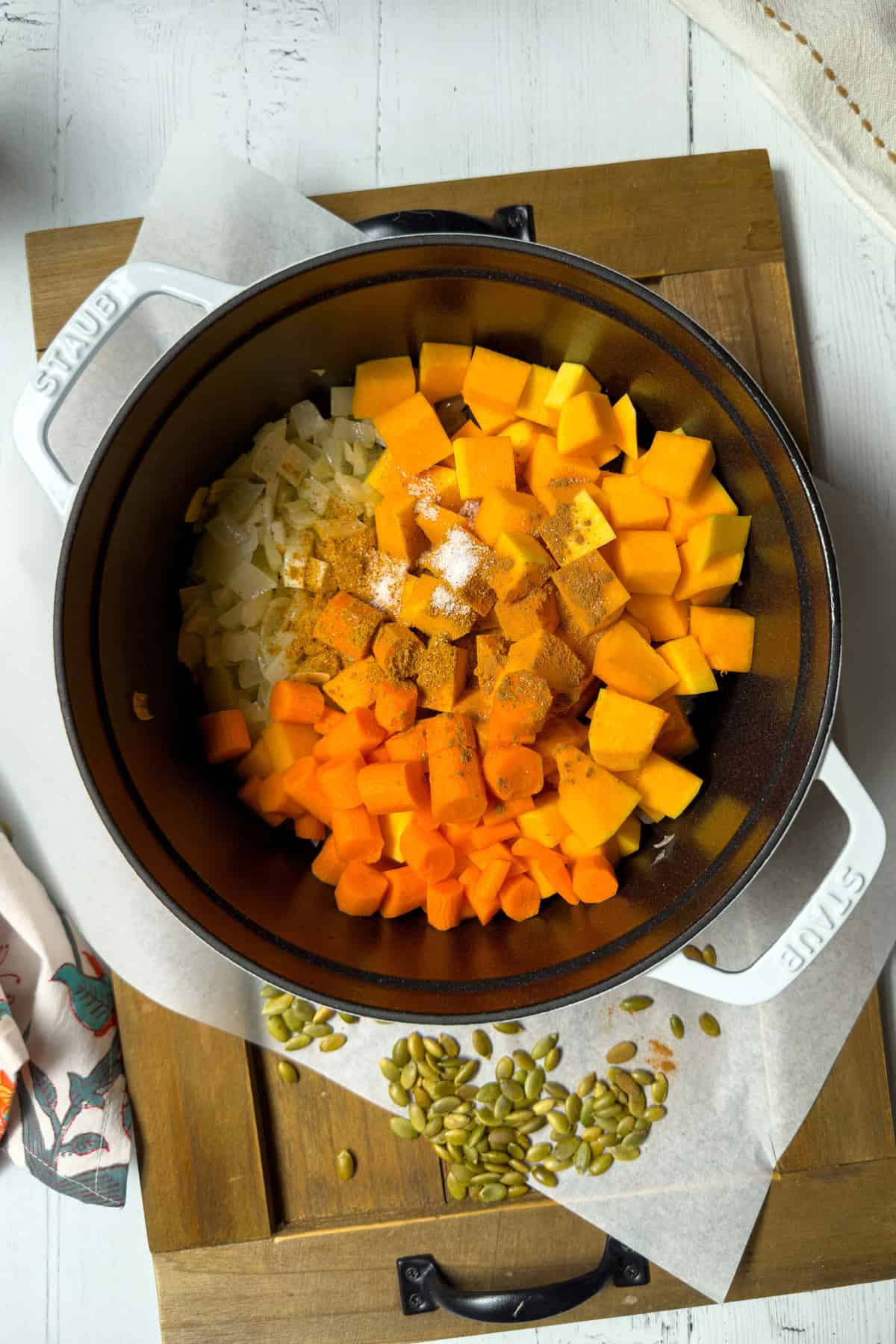 Curry powder, cinnamon, and nutmeg added to the vegetables.