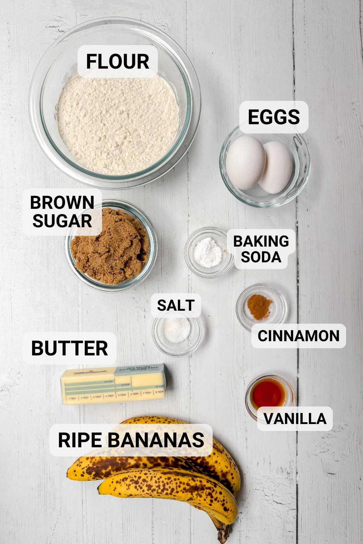 Labeled banana bread ingredients on a wooden board including flour, ripe bananas seasoning, sugar, and butter. 
