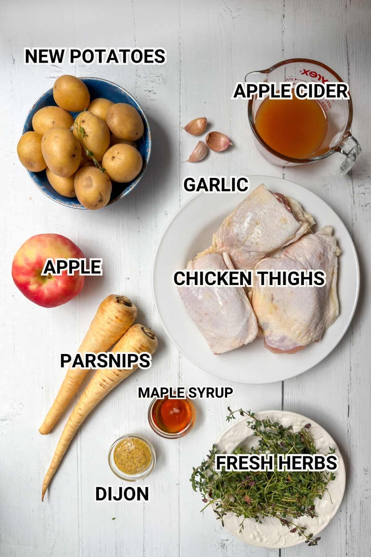 Labeled ingredients including chicken thighs, potatoes, parsnips, fresh herbs, garlic, Dijon, and maple syrup.
