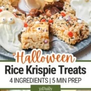 Pinterest Pin featuring two images of rice krispie treats and white chocolate ghosts and the words, "Halloween Rice Krispie Treats" and "4 Ingredients, 5 Minutes Prep".