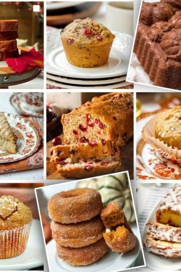 Collage of fall quick breads including pumpkin donuts, pumpkin muffins, cranberry orange bread, apple scones, sweet potato bread, and banana bread.