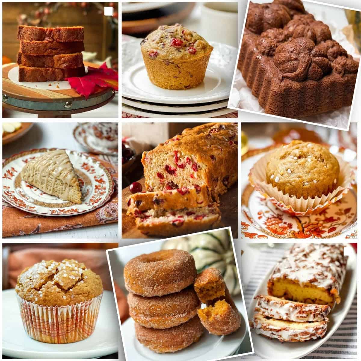 Collage of fall quick breads including pumpkin donuts, pumpkin muffins, cranberry orange bread, apple scones, sweet potato bread, and banana bread.