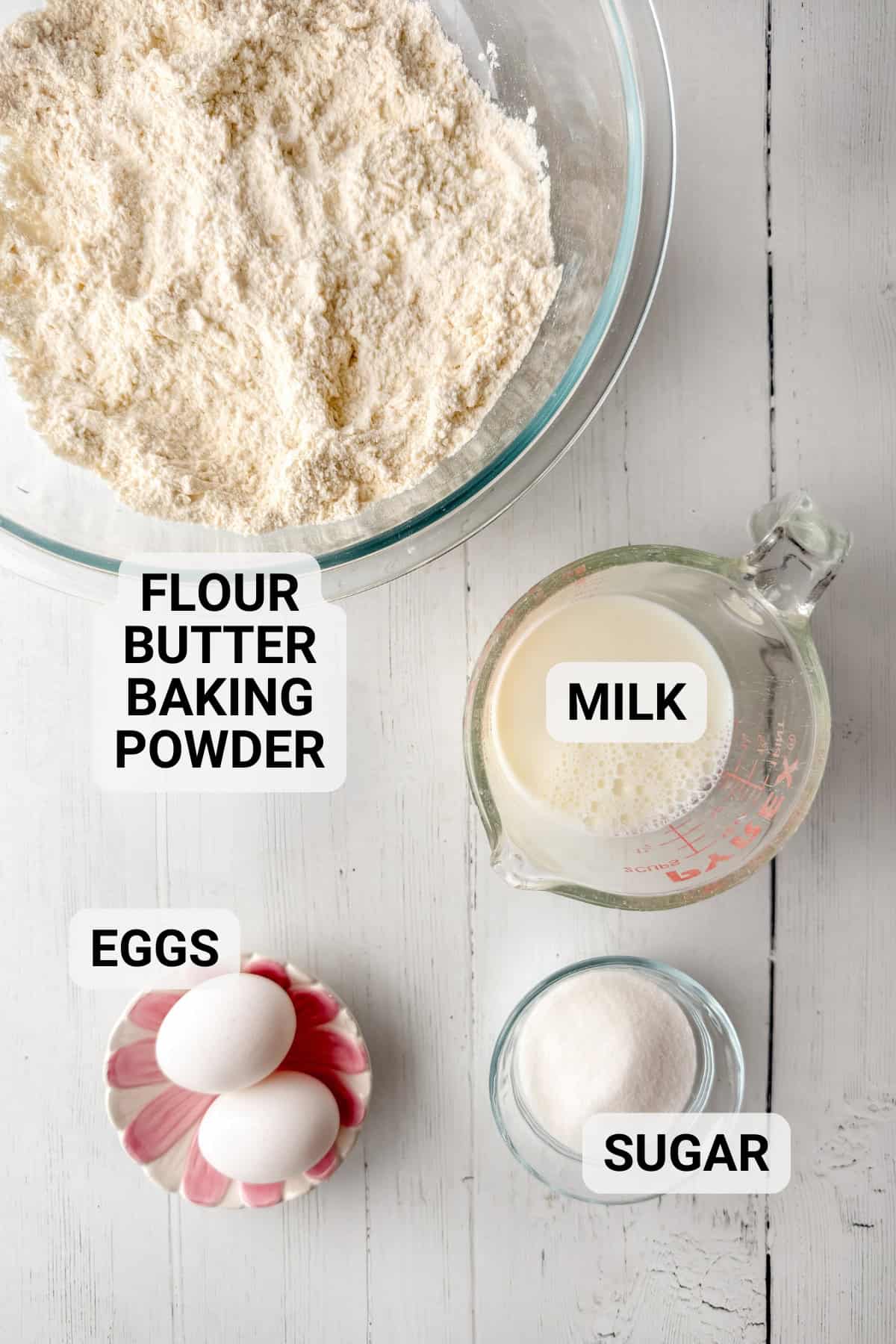 Ingredients for easy afternoon tea scones: flour, butter, baking powder, eggs, sugar, and milk.