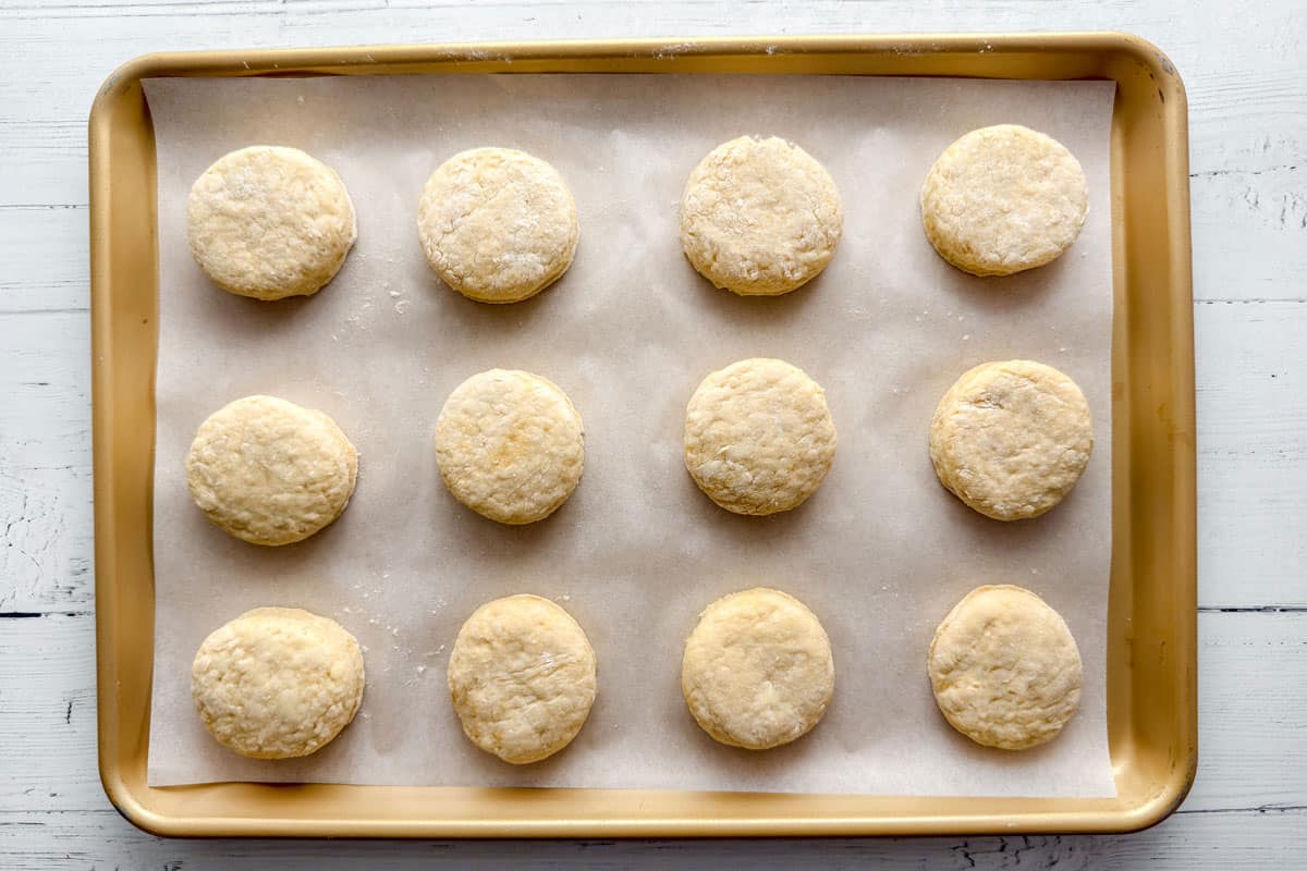 Unbaked scones cut into rounds on a parchment lined baking sheet.