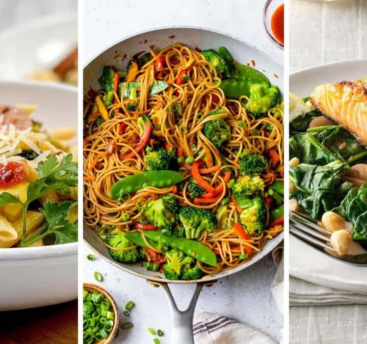 Three image collage featuring a skillet of quick lo-mein, sausage pasta in a white bowl, and filet on salmon over white beans and greens.