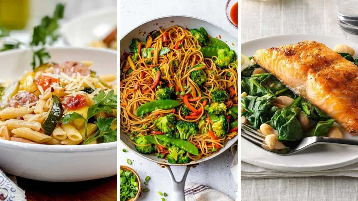 Three image collage featuring a skillet of quick lo-mein, sausage pasta in a white bowl, and filet on salmon over white beans and greens.